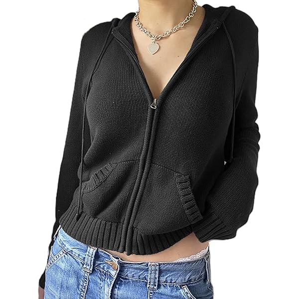 Aonoapll Women Knitted Zip Up Crop Hoodies Ribbed Knit Long